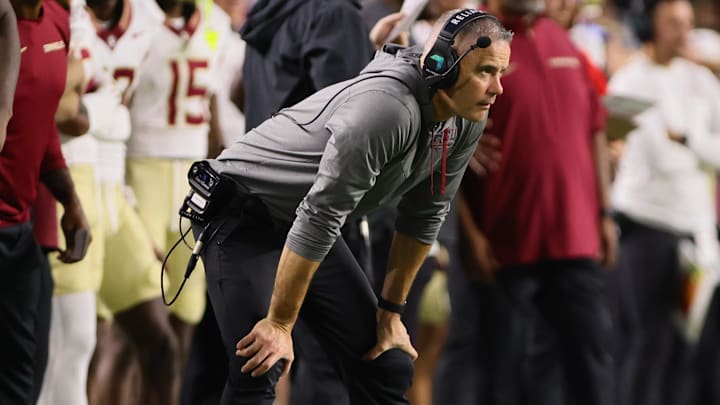 Oct 26, 2024; Miami Gardens, Florida, USA; Florida State Seminoles head coach Mike Norvell watches from the sideline against the Miami Hurricanes during the second quarter at Hard Rock Stadium. Mandatory Credit: Sam Navarro-Imagn Images