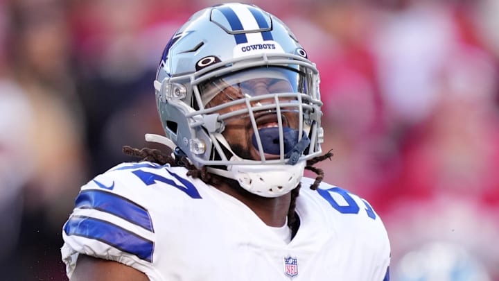 Jan 22, 2023; Santa Clara, California, USA; Dallas Cowboys defensive tackle Osa Odighizuwa (97) reacts after a sack during the first quarter of a NFC divisional round game against the San Francisco 49ers at Levi's Stadium. Mandatory Credit: Kyle Terada-Imagn Images Jan 22, 2023; Santa Clara, California, USA; Dallas Cowboys defensive tackle Osa Odighizuwa (97) reacts after a sack during the first quarter of a NFC divisional round game against the San Francisco 49ers at Levi's Stadium. Mandatory Credit: Kyle Terada-Imagn Images