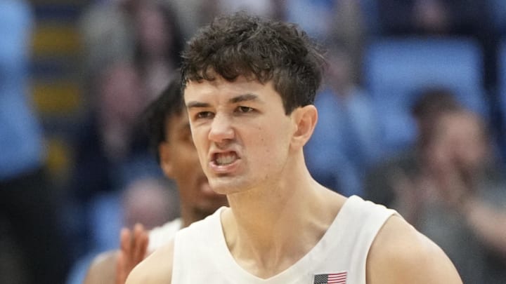 North Carolina Tar Heels guard Cormac Ryan (3) reacts in the second half at Dean E. Smith Center on February 26, 2024.