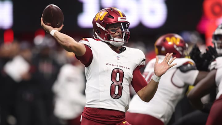 Sep 28, 2025; Atlanta, Georgia, USA; Washington Commanders quarterback Marcus Mariota (8) throws during the second half against the Atlanta Falcons at Mercedes-Benz Stadium. Mandatory Credit: Brett Davis-Imagn Images