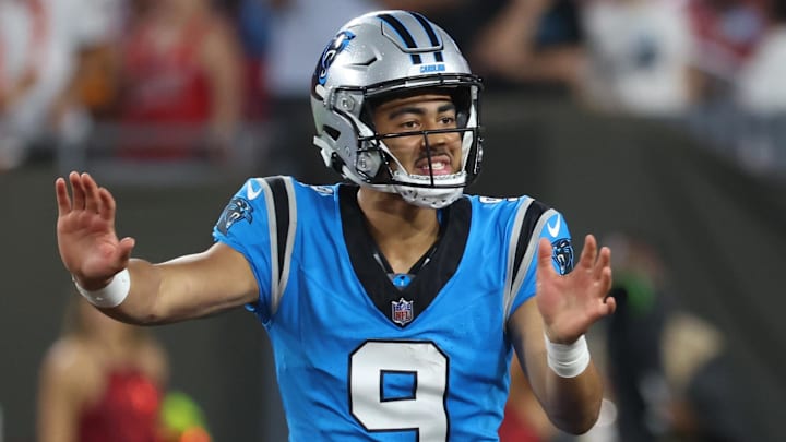 Dec 3, 2023; Tampa, Florida, USA; Carolina Panthers quarterback Bryce Young (9) reacts against the Tampa Bay Buccaneers during the second half at Raymond James Stadium. Mandatory Credit: Kim Klement Neitzel-Imagn Images