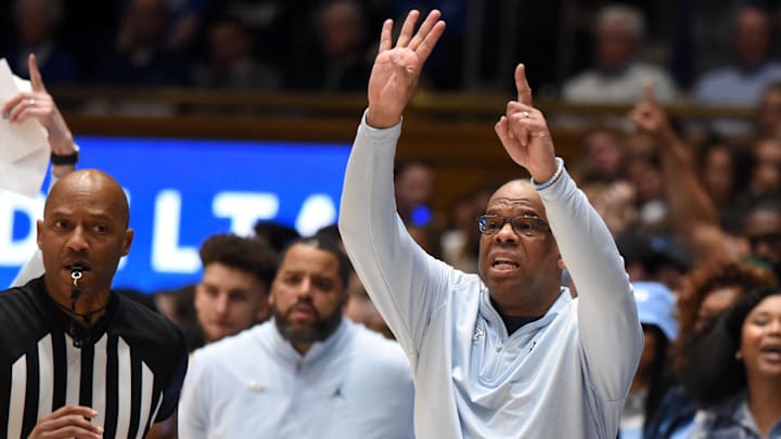 Feb 4, 2023; Durham, North Carolina, USA; North Carolina Tar Heels head coach Hubert Davis directs his team during the second half against the Duke Blue Devils at Cameron Indoor Stadium.  The Blue Devils won 63-57. Mandatory Credit: Rob Kinnan-Imagn Images