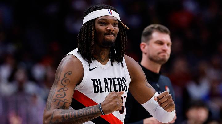 Apr 6, 2026; Denver, Colorado, USA; Portland Trail Blazers center Robert Williams III (35) reacts from the sideline in the third quarter against the Denver Nuggets at Ball Arena. Mandatory Credit: Isaiah J. Downing-Imagn Images