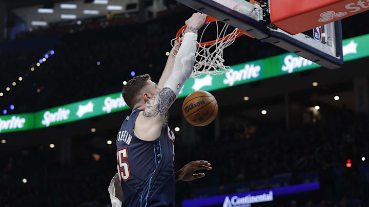 Apr 22, 2026; Oklahoma City, Oklahoma, USA; Oklahoma City Thunder center Isaiah Hartenstein (55) dunks against the Phoenix suns in the second half during game two of the first round of the 2026 NBA Playoffs at Paycom Center. Mandatory Credit: Alonzo Adams-Imagn Images