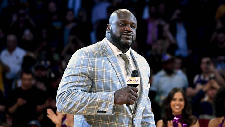 Mar 24, 2017; Los Angeles, CA, USA: Former Los Angeles Lakers center Shaquille O'Neal speaks during a NBA game between the Los Angeles Lakers and the Minnesota Timberwolves at the Staples Center. Mandatory Credit: Kirby Lee-Imagn Images