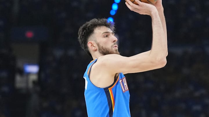 Jun 22, 2025; Oklahoma City, Oklahoma, USA; Oklahoma City Thunder forward Chet Holmgren (7) shoots the ball against the Indiana Pacers during the second half of game seven of the 2025 NBA Finals at Paycom Center. Mandatory Credit: Kyle Terada-Imagn Images