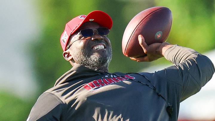 Aug 7, 2026; Tampa, FL, USA; Tampa Bay Buccaneers head coach Todd Bowles participates in training camp at AdventHealth Training Center. Mandatory Credit: Nathan Ray Seebeck-Imagn Images