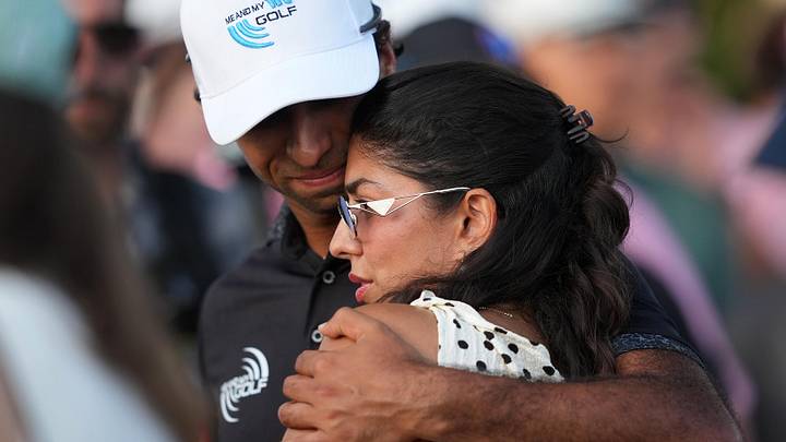 Aaron Rai celebrates his PGA Championship win with his wife Gaurika Bishnoi. Aaron Rai celebrates his PGA Championship win with his wife Gaurika Bishnoi.