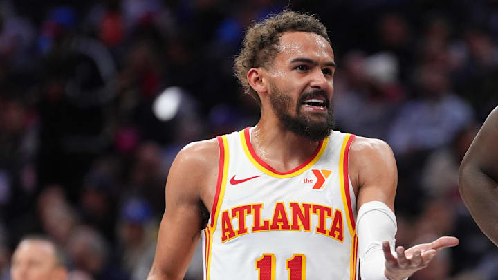 Apr 11, 2025; Philadelphia, Pennsylvania, USA; Atlanta Hawks guard Trae Young (11) reacts against the Philadelphia 76ers in the third quarter at Wells Fargo Center. Mandatory Credit: Kyle Ross-Imagn Images