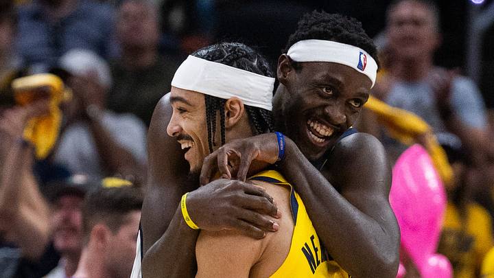 May 12, 2024; Indianapolis, Indiana, USA; Indiana Pacers forward Pascal Siakam (43) and guard Andrew Nembhard (2) celebrate a made basket during game four of the second round for the 2024 NBA playoffs against the New York Knicks at Gainbridge Fieldhouse. Mandatory Credit: Trevor Ruszkowski-USA TODAY Sports May 12, 2024; Indianapolis, Indiana, USA; Indiana Pacers forward Pascal Siakam (43) and guard Andrew Nembhard (2) celebrate a made basket during game four of the second round for the 2024 NBA playoffs against the New York Knicks at Gainbridge Fieldhouse. Mandatory Credit: Trevor Ruszkowski-USA TODAY Sports