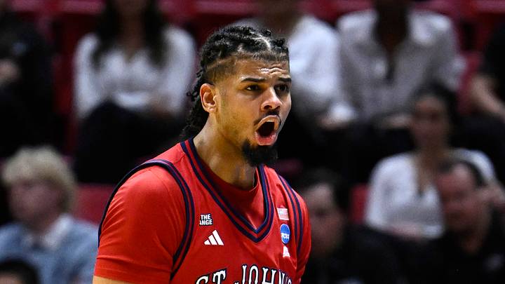 Mar 22, 2026; San Diego, CA, USA; St. John's Red Storm forward Bryce Hopkins (23) reacts in the second half against the Kansas Jayhawks during a second round game of the men's 2026 NCAA Tournament at Viejas Arena. Mandatory Credit: Denis Poroy-Imagn Images Mar 22, 2026; San Diego, CA, USA; St. John's Red Storm forward Bryce Hopkins (23) reacts in the second half against the Kansas Jayhawks during a second round game of the men's 2026 NCAA Tournament at Viejas Arena. Mandatory Credit: Denis Poroy-Imagn Images
