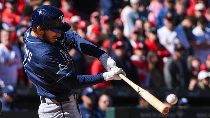 Mar 28, 2026; St. Louis, Missouri, USA; Tampa Bay Rays shortstop Carson Williams (7) hits a two run single against the St. Louis Cardinals during the ninth inning at Busch Stadium. Mar 28, 2026; St. Louis, Missouri, USA; Tampa Bay Rays shortstop Carson Williams (7) hits a two run single against the St. Louis Cardinals during the ninth inning at Busch Stadium.