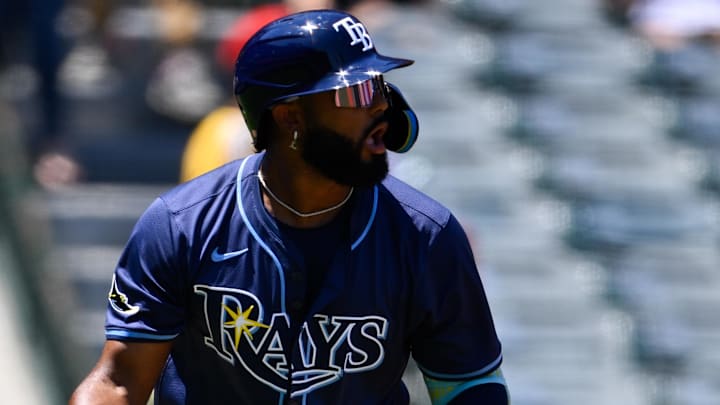 Tampa Bay Rays third baseman Junior Caminero (13) looks up after hitting a two-run home run during the first inning against the Los Angeles Angels at Angel Stadium of Anaheim. Tampa Bay Rays third baseman Junior Caminero (13) looks up after hitting a two-run home run during the first inning against the Los Angeles Angels at Angel Stadium of Anaheim.