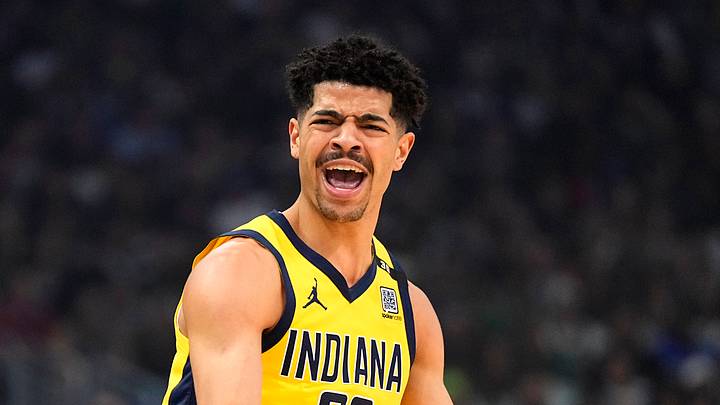 Apr 30, 2024; Milwaukee, Wisconsin, USA;  Indiana Pacers forward Ben Sheppard (26) reacts to a call during the first quarter against the Milwaukee Bucks during game five of the first round for the 2024 NBA playoffs at Fiserv Forum. Mandatory Credit: Jeff Hanisch-USA TODAY Sports