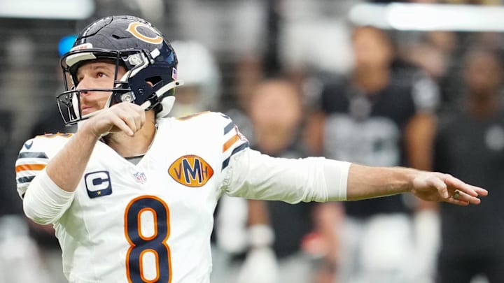 Sep 28, 2025; Paradise, Nevada, USA; Chicago Bears kicker Cairo Santos (8) kicks the ball during the first half against the Las Vegas Raiders at Allegiant Stadium. Sep 28, 2025; Paradise, Nevada, USA; Chicago Bears kicker Cairo Santos (8) kicks the ball during the first half against the Las Vegas Raiders at Allegiant Stadium.