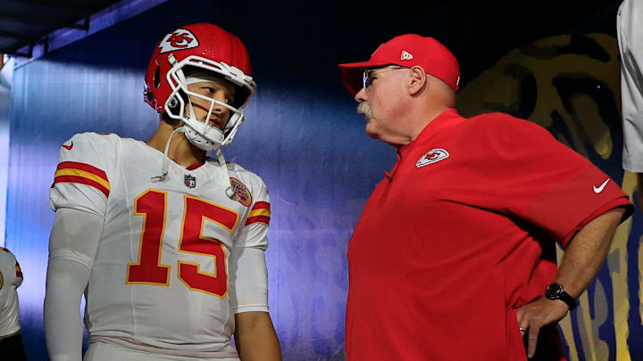 Kansas City Chiefs quarterback Patrick Mahomes (15) talks with head coach Andy Reid with tight end Travis Kelce (87) before an NFL football matchup at EverBank Stadium, Monday, Oct. 6, 2025, in Jacksonville, Fla. The Jacksonville Jaguars edged the Kansas City Chiefs 31-28. [Corey Perrine/Florida Times-Union]