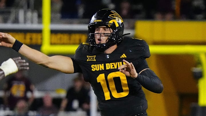 Arizona State quarterback Sam Leavitt (10) throws a pass against TCU during a game at Mountain America Stadium in Tempe on Sept. 26, 2025.