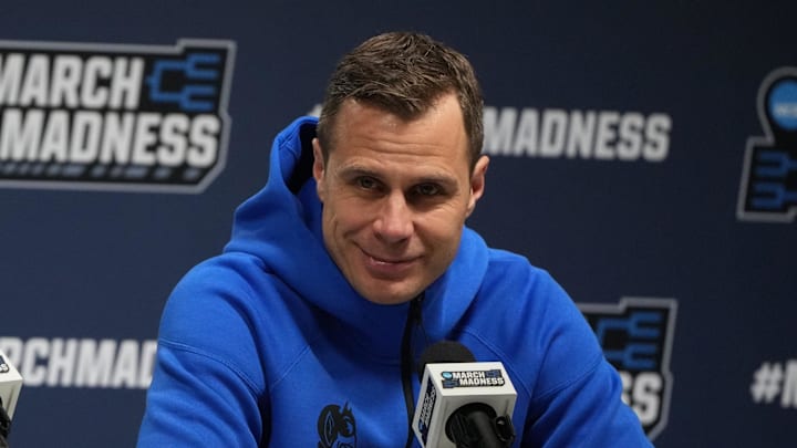 Mar 18, 2026; Greenville, SC, USA; Duke Blue Devils head coach Jon Scheyer during a press conference ahead of the first round of the men's 2026 NCAA Tournament at Bon Secours Wellness Arena. Mandatory Credit: Bob Donnan-Imagn Images