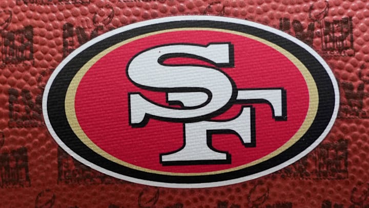 Feb 10, 2024; Las Vegas, NV, USA; A football with a San Francisco 49ers logo at the NFL Experience at the Mandalay Bay South Convention Center. Mandatory Credit: Kirby Lee-Imagn Images