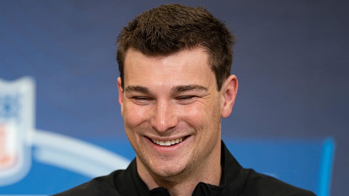 Former Indiana quarterback Fernando Mendoza speaks to members of the media during the NFL Combine.