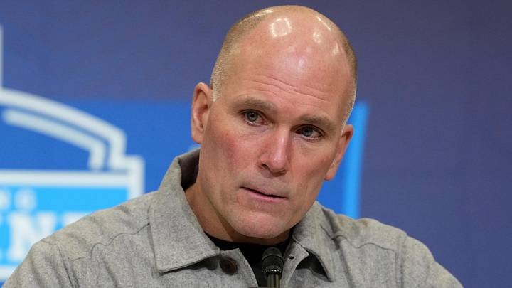 Feb 24, 2026; Indianapolis, IN, USA; Baltimore Ravens general manager Eric DeCosta speaks at the NFL Scouting Combine at the Indiana Convention Center. Mandatory Credit: Kirby Lee-Imagn Images