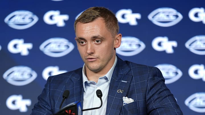 Jul 23, 2025; Charlotte, NC, USA; Georgia Tech quarterback Haynes King answers questions from the media during ACC Media days at Hilton Charlotte Uptown. Mandatory Credit: Jim Dedmon-Imagn Images