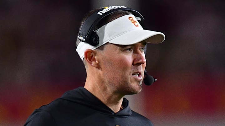 Oct 7, 2023; Los Angeles, California, USA; Southern California Trojans head coach Lincoln Riley watches game action against the Arizona Wildcats during the first half at Los Angeles Memorial Coliseum. Mandatory Credit: Gary A. Vasquez-Imagn Images