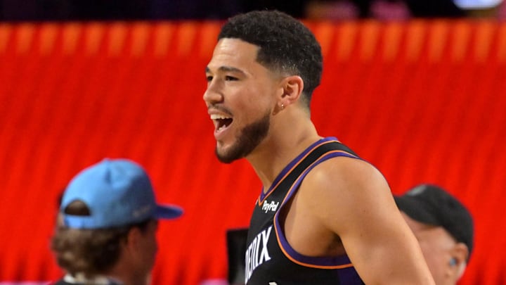 Phoenix Suns guard Devin Booker reacts in the three point contest during the 2026 NBA All Star Saturday Night at Intuit Dome.