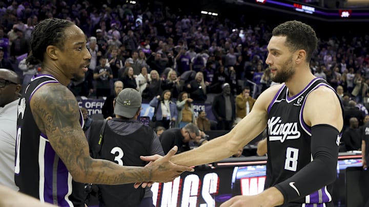 Nov 24, 2025; Sacramento, California, USA; Sacramento Kings forward DeMar DeRozan (10) and guard Zach LaVine (8) celebrate at mid court after defeating the Minnesota Timberwolves at Golden 1 Center. Mandatory Credit: Dennis Lee-Imagn Images