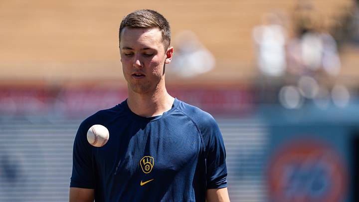 Aug 16, 2026; Los Angeles, California, USA; Milwaukee Brewers pitcher Jacob Misiorowski (32) during pregame warmup against the Los Angeles Dodgers at Dodger Stadium. Mandatory Credit: Jon Endow-Imagn Images