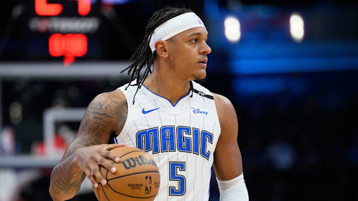 Mar 21, 2025; Washington, District of Columbia, USA; Orlando Magic forward Paolo Banchero (5) reacts before the game against the Washington Wizards at Capital One Arena. Mandatory Credit: Reggie Hildred-Imagn Images