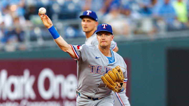 Texas Rangers third base Josh Jung (6) throws to first base during the second inning against the Kansas City Royals at Kauffman Stadium. Texas Rangers third base Josh Jung (6) throws to first base during the second inning against the Kansas City Royals at Kauffman Stadium.