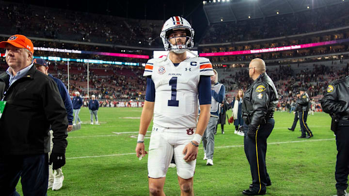 Payton Thorne walks off the field as the Auburn Tigers quarterback for the final time on Saturday in the Iron Bowl.