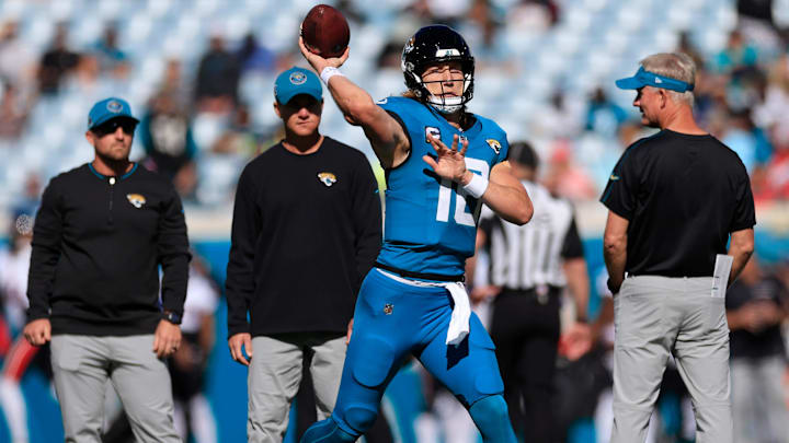 Jacksonville Jaguars quarterback Trevor Lawrence (16) warms up before an NFL football matchup Sunday, Dec. 1, 2024 at EverBank Stadium in Jacksonville, Fla. [Corey Perrine/Florida Times-Union]