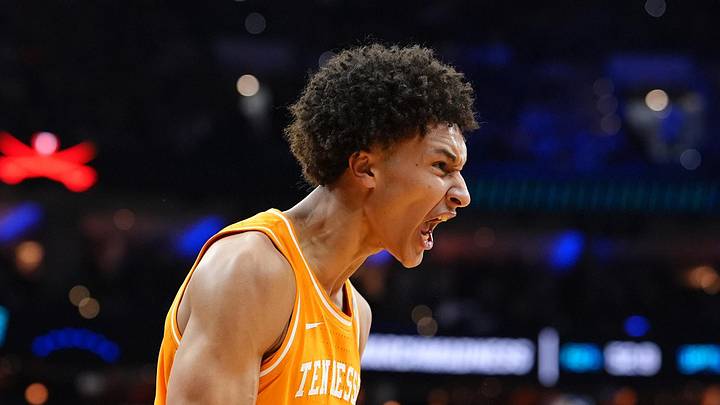 Tennessee Volunteers forward Nate Ament (10) reacts against the Virginia Cavaliers in the first half during a second round game of the men's 2026 NCAA Tournament at Xfinity Mobile Arena on March 22, 2026.