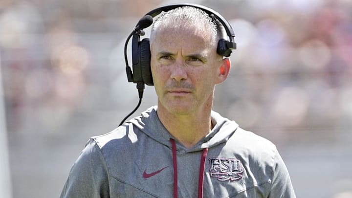 Sep 14, 2024; Tallahassee, Florida, USA; Florida State Seminoles head coach Mike Norvell looks on during the first half against the Memphis Tigers at Doak S. Campbell Stadium. Mandatory Credit: Melina Myers-Imagn Images