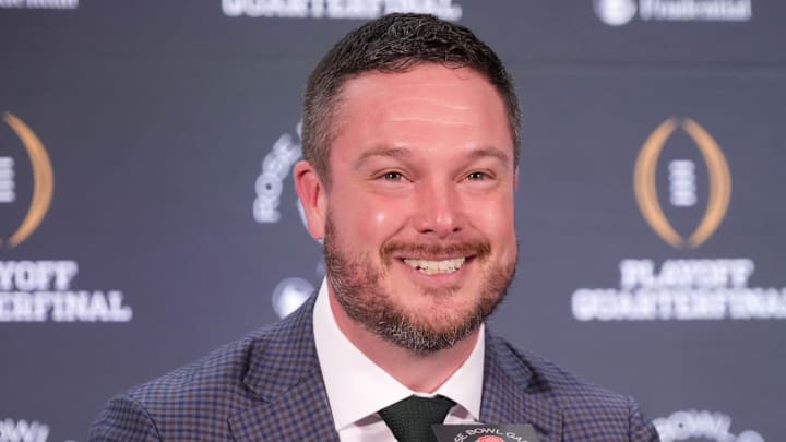 Dec 31, 2024; Los Angeles, California, USA; Oregon Ducks head coach Dan Lanning during the Rose Bowl head coaches press conference at Sheraton Grand LA. Mandatory Credit: Kirby Lee-Imagn Images