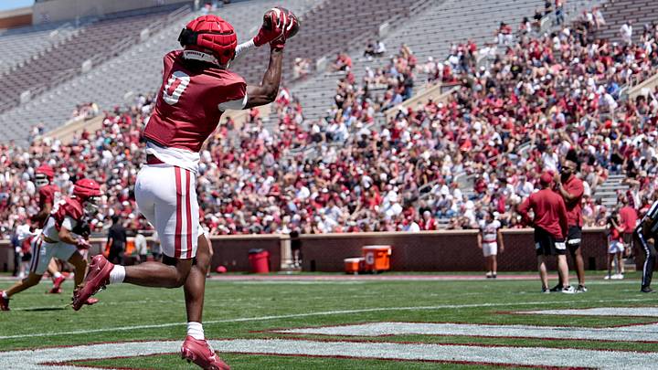 Oklahoma WR Manny Choice catches a pass during a drill at the Crimson Combine at Gaylord Family — Oklahoma Memorial Stadium in Norman, Okla., Saturday, April, 12, 2025. Oklahoma WR Manny Choice catches a pass during a drill at the Crimson Combine at Gaylord Family — Oklahoma Memorial Stadium in Norman, Okla., Saturday, April, 12, 2025.