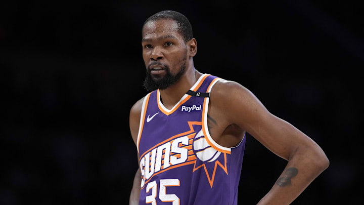 Mar 16, 2025; Los Angeles, California, USA; Phoenix Suns forward Kevin Durant (35) reacts against the Los Angeles Lakers in the second half at Crypto.com Arena. Mandatory Credit: Kirby Lee-Imagn Images