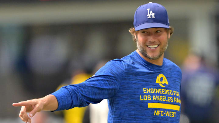 Aug 9, 2025; Inglewood, California, USA;  Los Angeles Rams quarterback Matthew Stafford (9) walks on the field prior to the game against the Dallas Cowboys at SoFi Stadium. Mandatory Credit: Jayne Kamin-Oncea-Imagn Images