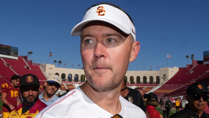 Sep 28, 2024; Los Angeles, California, USA; Southern California Trojans head coach Lincoln Riley reacts after a game against the Wisconsin Badgers at United Airlines Field at Los Angeles Memorial Coliseum. Mandatory Credit: Kirby Lee-Imagn Images
