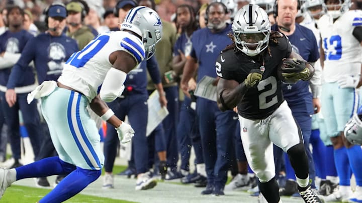Nov 17, 2025; Paradise, Nevada, USA; Las Vegas Raiders running back Ashton Jeanty (2) runs after the catch against the Dallas Cowboys during the first half at Allegiant Stadium. Mandatory Credit: Stephen R. Sylvanie-Imagn Images