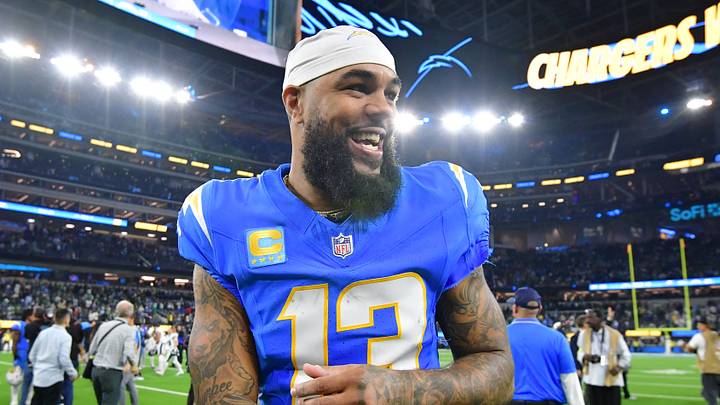 Dec 8, 2025; Inglewood, California, USA; Los Angeles Chargers wide receiver Keenan Allen (13) celebrates after defeating the Philadelphia Eagles at SoFi Stadium. Mandatory Credit: Gary A. Vasquez-Imagn Images