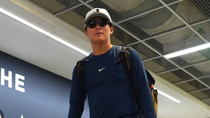 MIAMI, FLORIDA - MARCH 12: Yoshinobu Yamamoto #18 of Team Japan arrives at a practice session for the 2026 World Baseball Classic at loanDepot Park on March 12, 2026 in Miami, Florida.