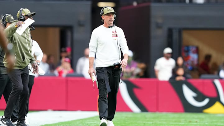 Nov 16, 2025; Glendale, Arizona, USA; San Francisco 49ers head coach Kyle Shanahan looks on during the first half against the Arizona Cardinals at State Farm Stadium. Mandatory Credit: Joe Camporeale-Imagn Images