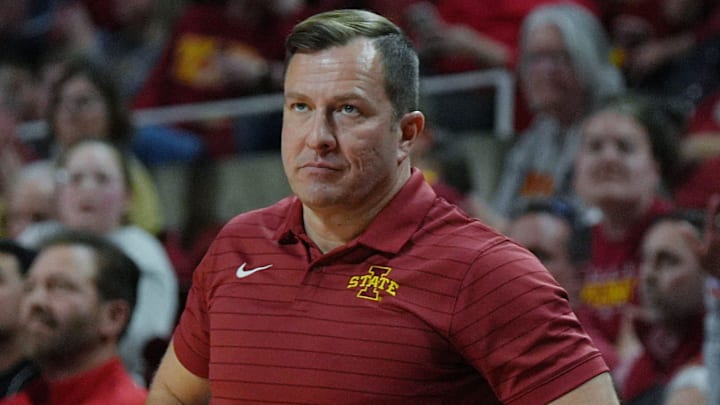 Iowa State Cyclones men's basketball head coach T.J. Otzelberger watches the game from the bench during the second half in the Big-12 conference men’s basketball against Texas Tech on Feb. 28, 2026, at Hilton Coliseum in Ames, Iowa.