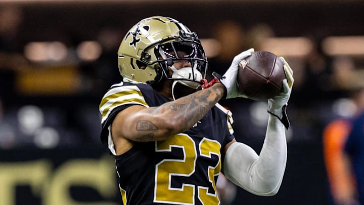 Oct 17, 2024; New Orleans, Louisiana, USA;  New Orleans Saints cornerback Marshon Lattimore (23) during the warmups before the game against the Denver Broncos at Caesars Superdome. Mandatory Credit: Stephen Lew-Imagn Images
