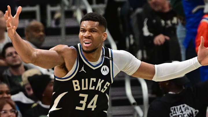 Apr 10, 2025; Milwaukee, Wisconsin, USA; Milwaukee Bucks forward Giannis Antetokounmpo (34) reacts in the second quarter against the New Orleans Pelicans at Fiserv Forum. Mandatory Credit: Benny Sieu-Imagn Images Apr 10, 2025; Milwaukee, Wisconsin, USA; Milwaukee Bucks forward Giannis Antetokounmpo (34) reacts in the second quarter against the New Orleans Pelicans at Fiserv Forum. Mandatory Credit: Benny Sieu-Imagn Images