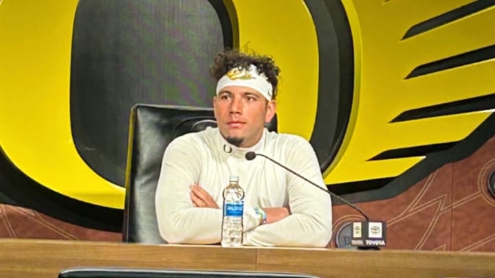 Oregon Ducks quarterback Dylan Raiola speaks to the media after spring practice.