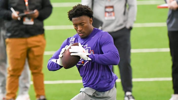 Former Clemson linebacker Barrett Carter perform linebacker position drill for NFL Scouts at Clemson Football's 2025 Pro Day featured seven former football players, five showing speed and skills for NFL scouts before the draft April 24-26 in Green Bay. Former Clemson offensive lineman Marcus Page and Former Clemson running back Phil Mafah interviewed but will show at a future workout.